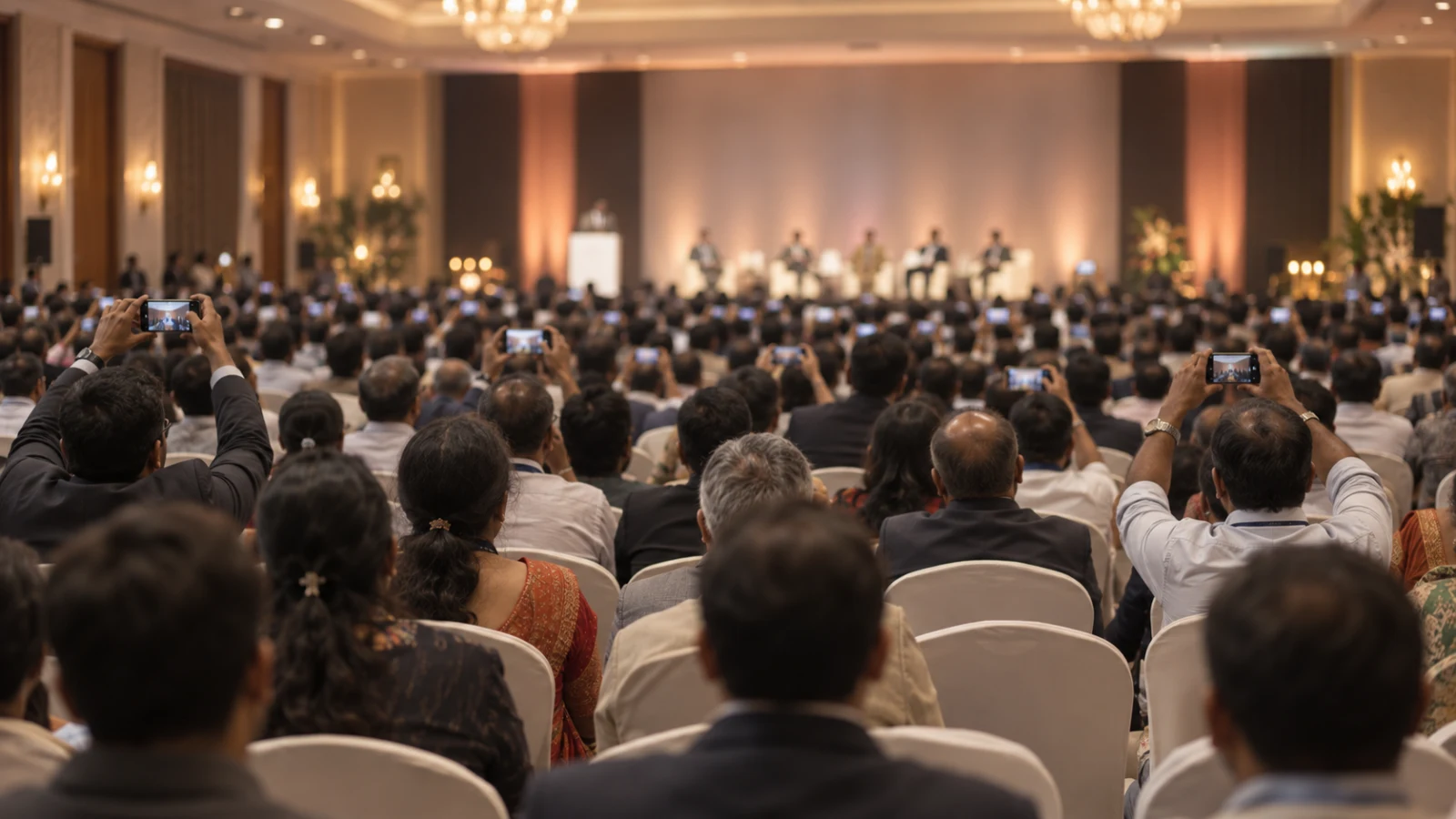 A full conference hall seen from the back, several hundred delegates seated, a number of them holding up phones towards a distant lit stage