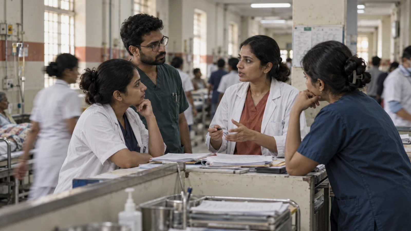 Four clinicians in coats and scrubs talking across a ward workstation covered in case files, a busy government hospital ward behind them