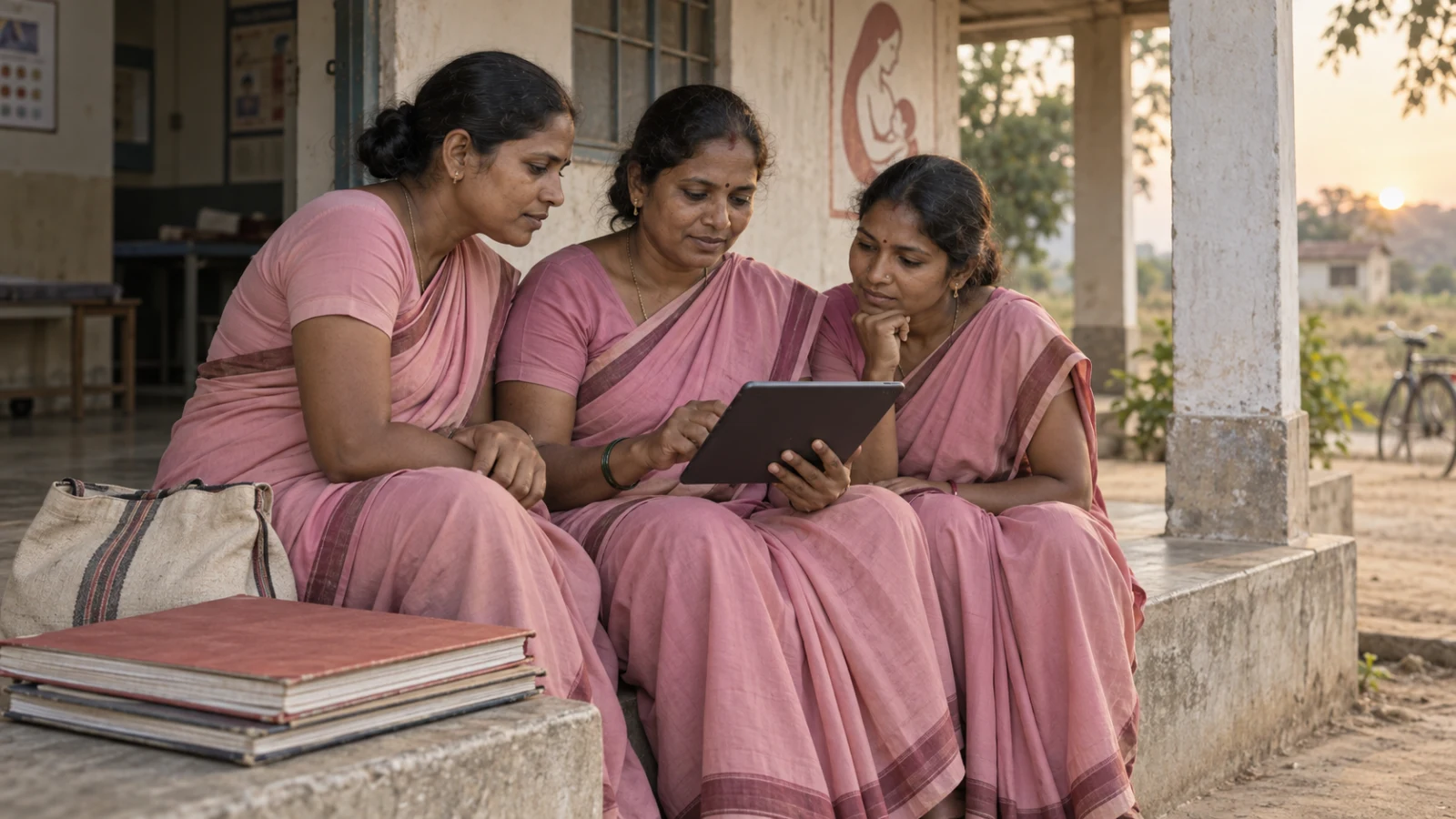 Three community health workers in pink saris seated together on the veranda of a rural health centre at sunset, looking at a tablet one of them is holding, record books and a cloth bag beside them